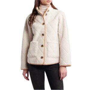 😊Ralph Lauren Sherpa Jacket Wm Sz M Cream Tan Trim Quilted Faux Shearling NEW
